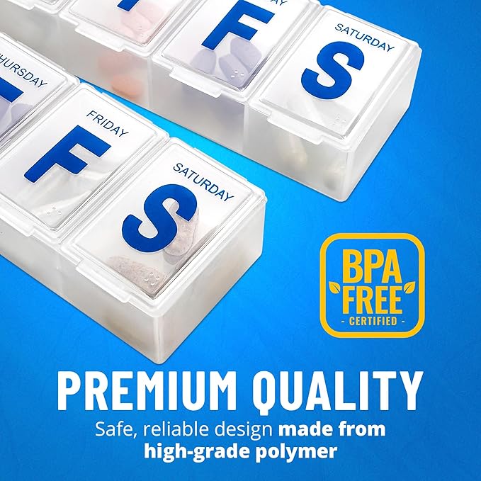 Weekly Pill Organizer - 7-Day Pill Planner Extra Large Pill Planner and Daily Pill Organizer and Medicine Reminder, Monday to Sunday Compartments - BPA Free - Travel Pill Box Case (Pack of 3)