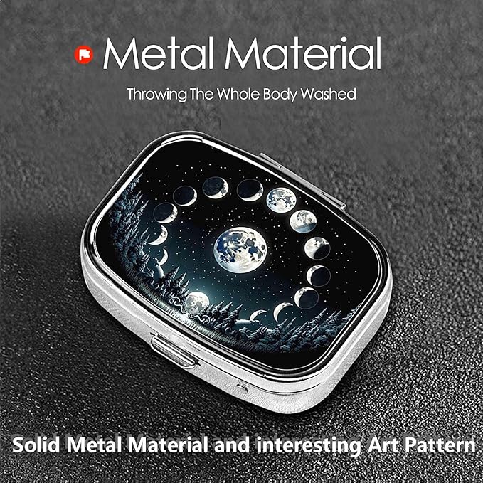 ABLESKY Pill Box, 2 Compartment Pill Organizer Case for Pocket or Purse, Small Portable Metal Travel Medicine Box with Mirror, Daily Vitamins Fish Oil Container-Black Moon Forest Phase