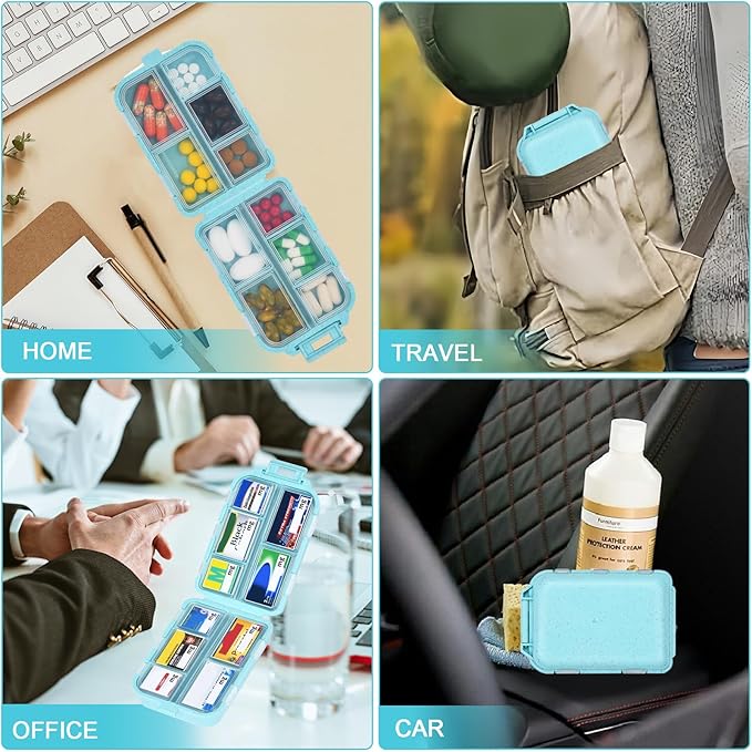 Travel Pill Organizer with Medicine Labels, Travel Pill Box Mini Medicine Organizer Daily Pill Container 10 Compartments Pill Case (Blue, 189 Lables)