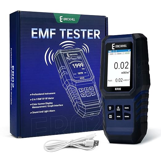 ERICKHILL EMF Meter,3-in-1Rechargeable Digital Electromagnetic Field Radiation Detector for EF RF MF,5G Cell Tower, WiFi Signal Detector, for Home&Office EMF Inspections, and Ghost Hunting