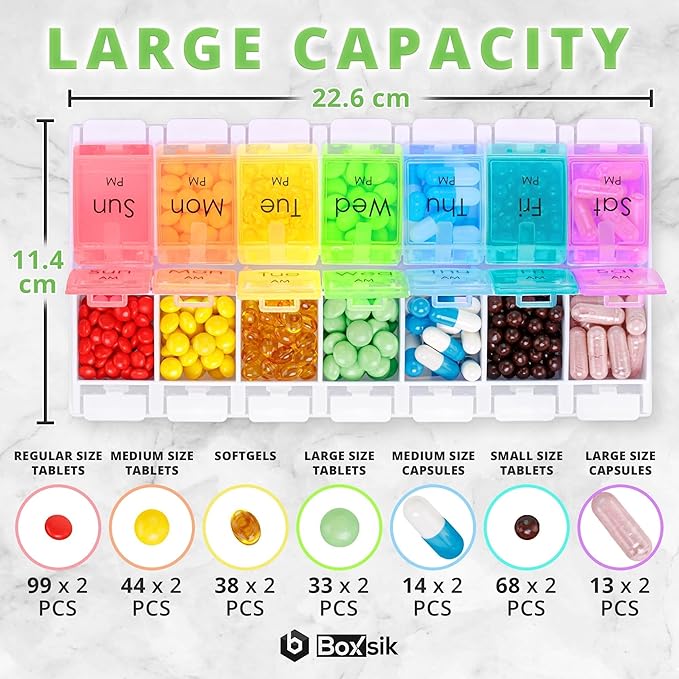 Pill Box Organizer (Rainbow), 7-Day 2 Times a Day Medicine Storage Case w/Spring Opening & Detachable Compartments, Weekly Tablet Pills Container for Vitamins, Supplements & Travel Medication