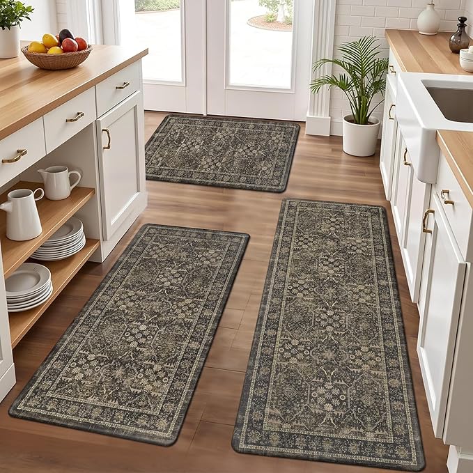 Pauwer Anti Fatigue Kitchen Floor Mats Set of 3, PVC Foam Padded Kitchen Rugs, Non Slip Cushioned Comfort Standing Mat, Waterproof Sink Rug for Small Kitchen Area, Laundry Room, Taupe