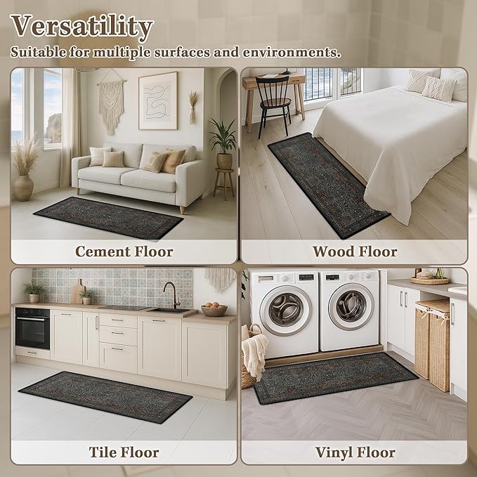 Arttown Kitchen Mats for Floor 2Pcs-Anti Fatigue Non Slip Mats for Kitchen Floor, Cushioned Waterproof & Stain-Resistant Plant Floral Mat Set, Laundry Room, Office, Sink, Desk (Dark Black)