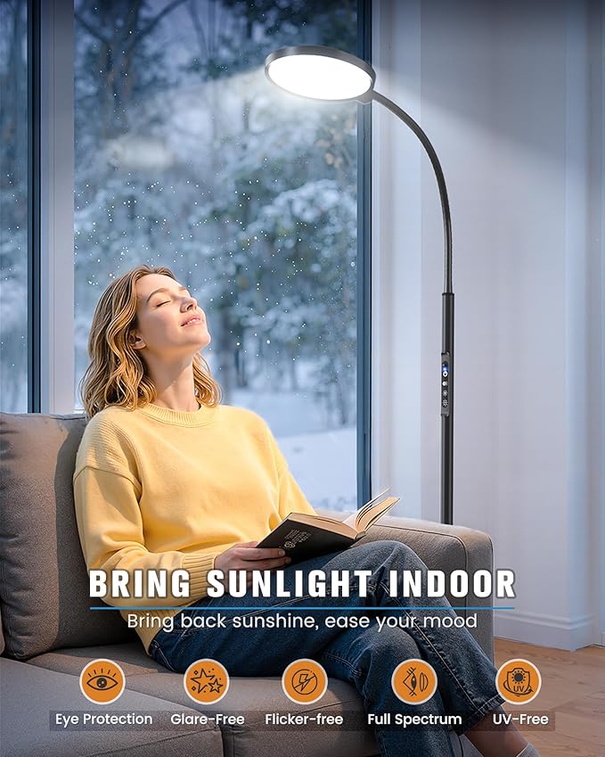 10000 Lux Light Therapy Lamp, Sunlight Therapy Lamps with 3 Color Temperatures &Dimmable &Timer, Full Spectrum &UV-Free Happy Lamp Light Therapy with Remote, Daylight Lamps for Home(Black, Floor Lamp)