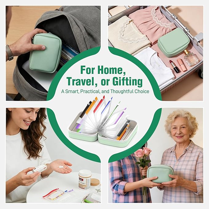 A8 Waterproof Pill Pouch Set, Large Weekly Pill Organizer with 14 Color-Coded Medicine Pouches, Reusable Travel Medicine Organizer, Zippered Pill Storage for Fish Oils, Vitamins（Green）