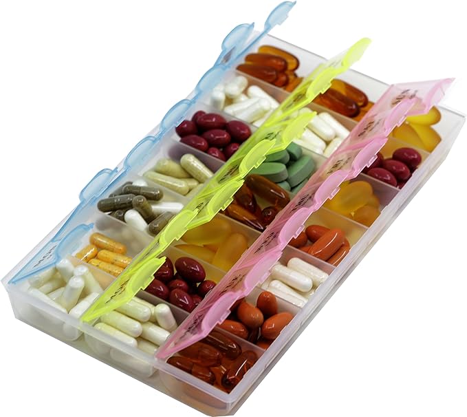 Inspirations 21 Compartments Pill Organizer Box, Medicine Remainder with Snap Lids, 7-Day AM/PM for Pills, Vitamins(6038, 21 Compartment)