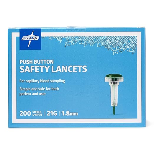 Medline Sterile Safety Lancets with Push-Button Activation, 21G x 1.8 mm, Box of 200: Dependable Blood Sampling Device for Blood Glucose Testing