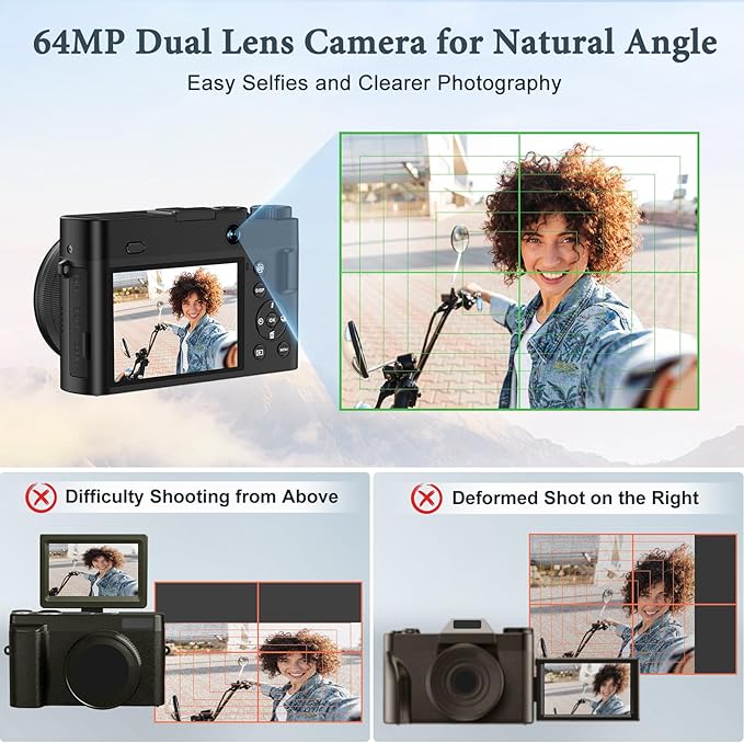 4K Digital Camera, 64MP Rear and Front Camera for Photography and Video Autofocus Anti-Shake, 3'' Selfie Flip Vlogging Camera with Ultra Bright Flash, Camera with Dial 16X Zoom (2 Batteries+Charger)