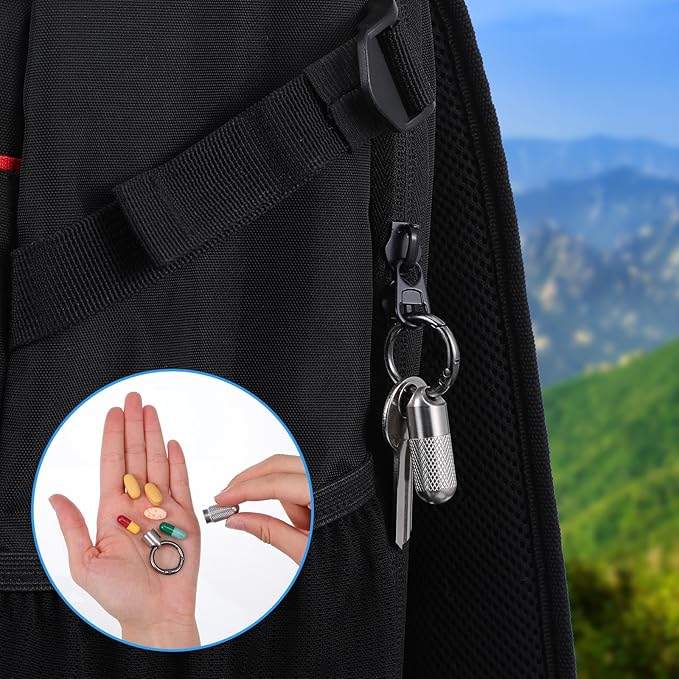 Small Pill Case Keychain Micro Keychain Pill Holder Mini Waterproof Metal Emergency Medicine Organizer Container Portable Carabiner Clip Medicine Bottle for Outdoor Camping Travel Purse Pocket