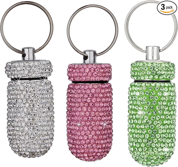 3PCS Bling Crystal Rhinestone Portable Pill Case Pill Container Waterproof Pill Holder with Keychain Glitter Travel Pill Box Small Medicine Dispenser Bottle Storage for Outdoor Camping Travel,9