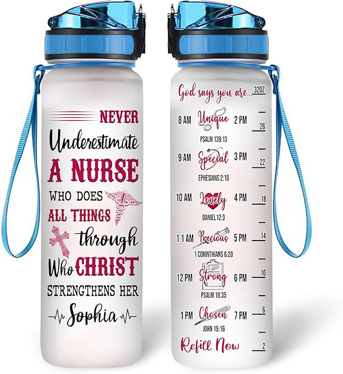 Personalized Never Underestimate A Nurse Who Does All Things Through 32oz 1Liter Motivational Water Bottle, Customized Name Water Bottle Funny Nurse, Gifts For Nurses Graduation, Gifts For Cowoker