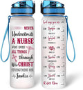 Personalized Never Underestimate A Nurse Who Does All Things Through 32oz 1Liter Motivational Water Bottle, Customized Name Water Bottle Funny Nurse, Gifts For Nurses Graduation, Gifts For Cowoker