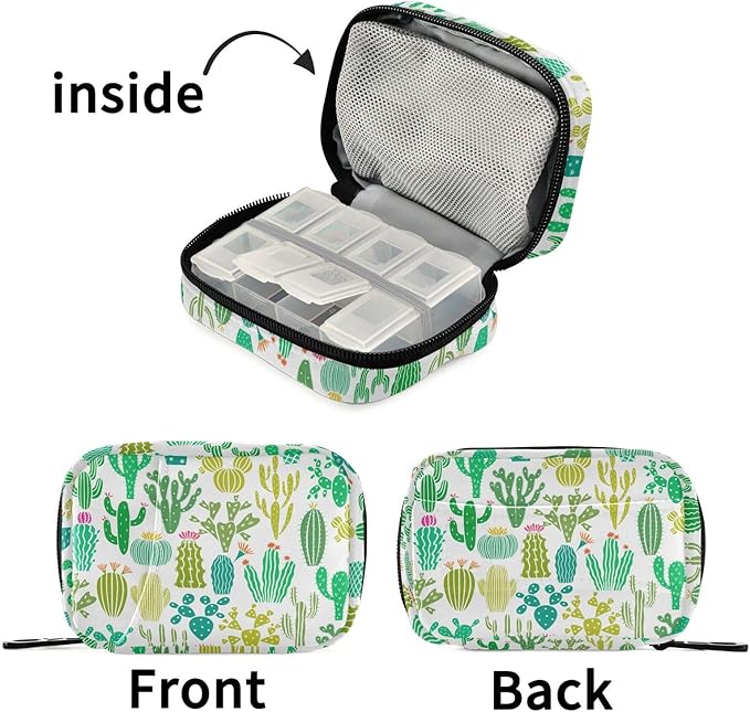 Fustylead Simple Cute Green Cactus Botanical Plant Travel Pill Organizer Bag with Zipper Small Pill Box 7 Day Pill Case for Purse Storage Weekly Vitamin Medicine Supplement