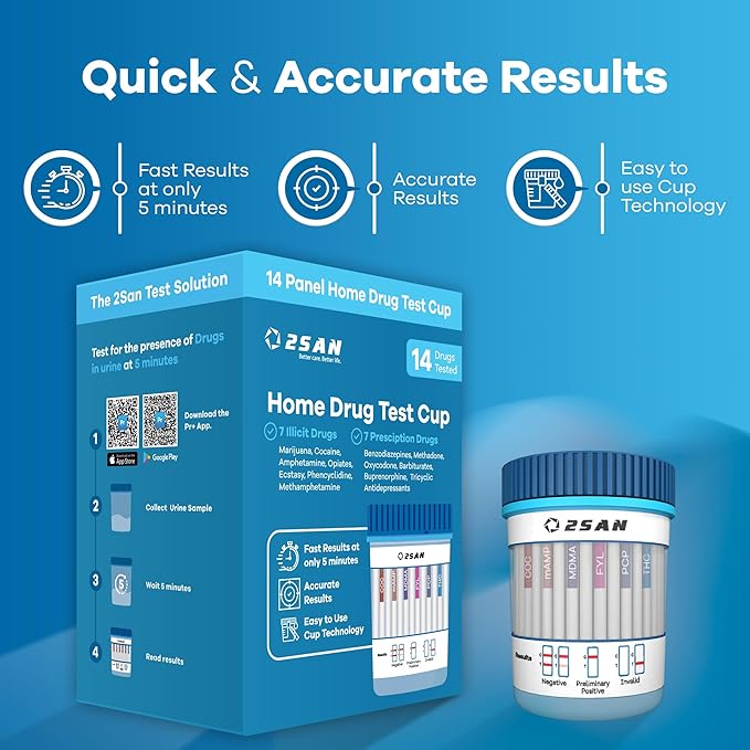 2San 14-Panel Drug Test Cup – Fast 5-Min Results – Screens for THC Cocaine Meth Opiates PCP MDMA Oxy & More – Accurate at-Home Urine Test Kit