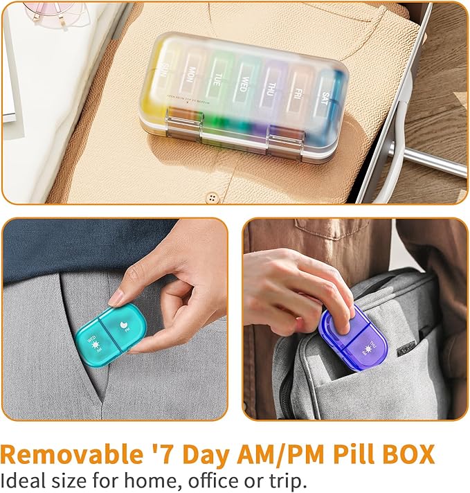 RICHCEE 14 Compartments Weekly Pill Organizer, Rainbow 7 Day AM PM Pill Box 2 Times a Day, Medicine Planner, Portable Removable Travel Pill Case for Fish Oil/Vitamin/Supplement Box(Rainbow)