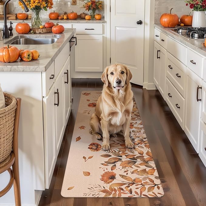 U'Artlines Fall Kitchen Rugs Sets of 2, Kitchen Mats Cushioned Anti Fatigue Printed on Both Sides, Autumn Pumpkin Flowers Comfort Desk Standing Rugs for Halloween Home Fall Decoration 17"x28"+17"x47"