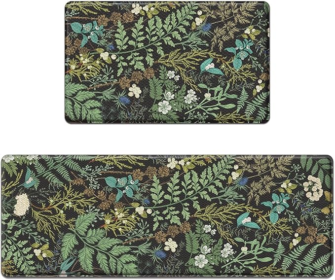 Arttown Kitchen Mats for Floor 2Pcs-Anti Fatigue Non Slip Mats for Kitchen Floor, Cushioned Waterproof & Stain-Resistant Plant Floral Mat Set, Laundry Room, Office, Sink, Desk (Green)
