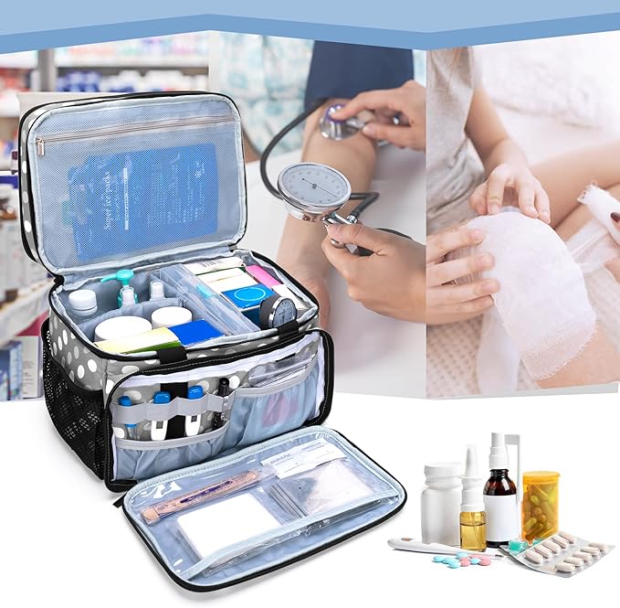 LUXJA 2 Layers Medicine Bag with Detachable Divider, Pill Bottle Organizer Suitable for Home or Travel Use, Gray Dots