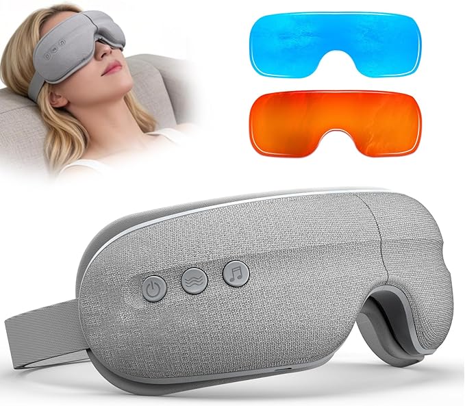 Eye Massager with Heat and Cooling, 5 Massage Modes for Eye Dry Fatigure and Migraines Relief, Lightweight Foldable for Office Home Travel Stress Relief, Gift for Women Men (Grey)