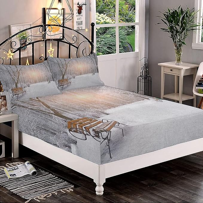XISUNYA Decorative Bedding Sheet Set Cal-King Size, Winter Deep Pockets Fitted Sheet & 2 Pillow Sham Set, Snowy Leafless Trees and Benches in The City Park Print Microfiber 3pc Bed Sheets Set