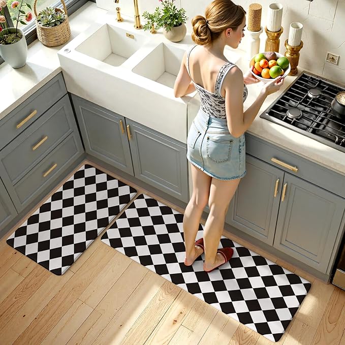 KIMODE Farmhouse Kitchen Rugs, Anti-Fatigue Kitchen Mats, Non-Slip, Cushioned Standing Mat, 17"x47"+17"x29", Black Diamond Check