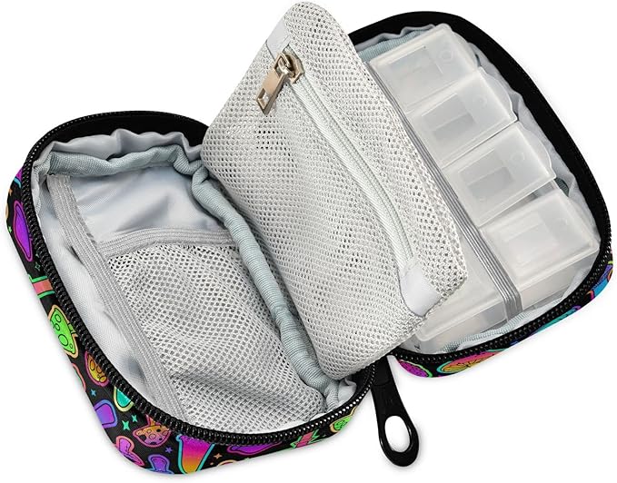 Pill Box Mushroom Colorful 7 Day Pill Case Travel Pill Organizer Bag with Zipper Portable Weekly Vitamin Medicine Supplement Holder Pouch Bag
