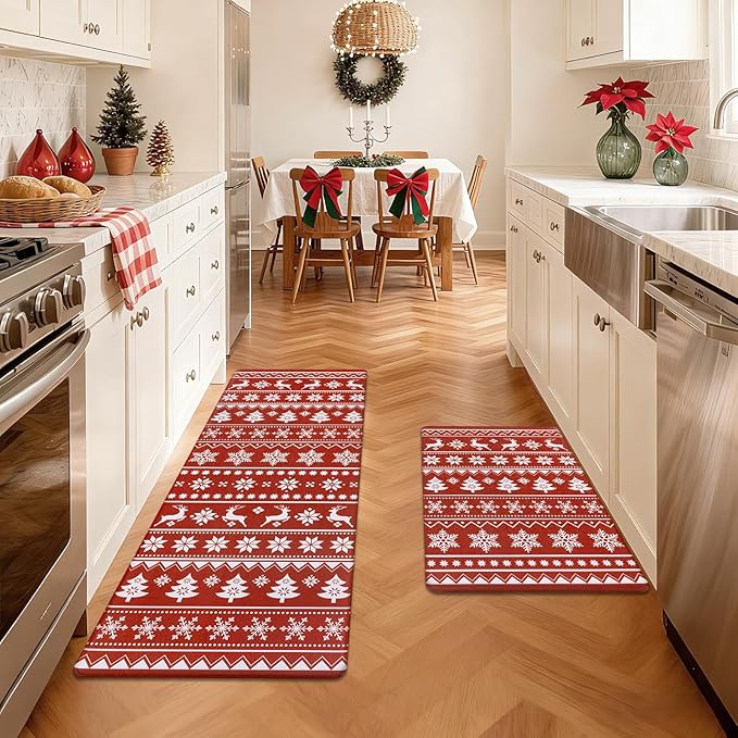 SHACOS Christmas Kitchen Rugs Set of 2 Anti-Fatigue Kitchen Mats Cushioned Red Mats White Deer Snowflakes Christmas Trees Boho Style Kitchen Mats and Rugs for Xmas 17x27.5+17x47, Boho Red
