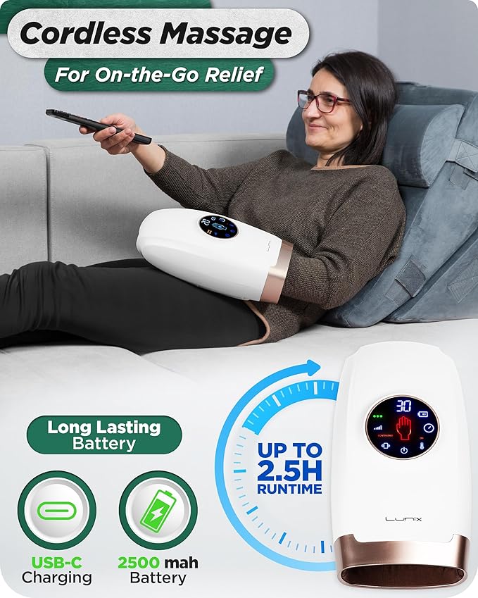 Lunix LX7 FSA Carpal Tunnel & Wrist Pain Relief Device, Heated Air Compression Hand Massager for Arthritis, Mothers Day Gifts for Women & Mom, Touchscreen, Lunar White