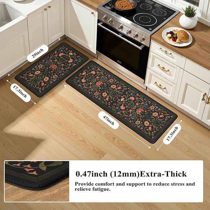 Collive Kitchen Mats for Floor 2PCS, Cushioned Anti Fatigue Mat Non Slip Waterproof Kitchens Sink Rug, Floral Comfort Padded Standing Mat for Laundry, Desk, Bar, Office, 17.3"x29"+17.3"x47", Black