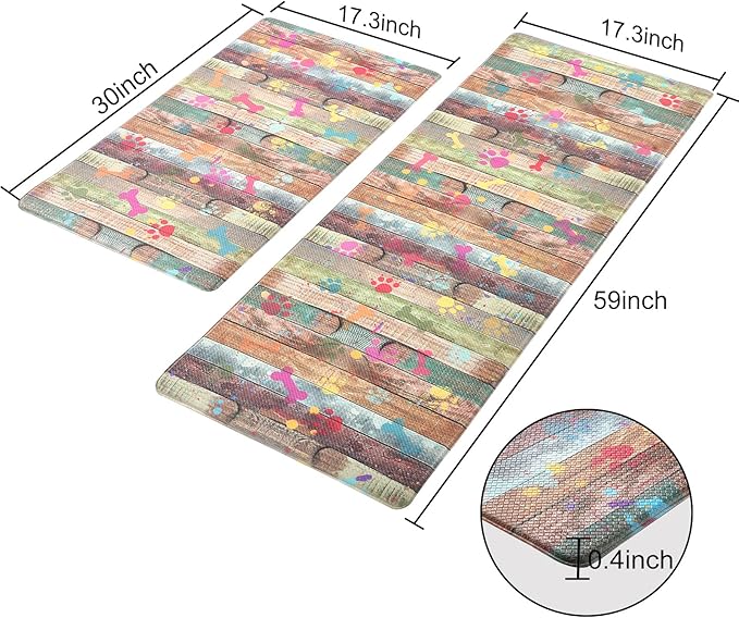 Farmhouse Kitchen Mats Cushioned Anti Fatigue Mats for Kitchen Floor Waterproof Kitchen Mats and Rugs Comfort Standing Mat for Kitchen, Laundry Room, Colorful Dog Paw and Bone(Green/Multicolor)