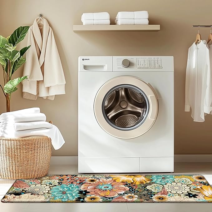 Kitchen Mats For Floor Cushioned Anti Fatigue Sets of 2 Boho Floral Kitchen Rugs Non Slip Waterproof Foam Kitchen Floor Mats Padded Comfort Standing Mat Rug For Sink Laundry Office, 17.3x28+17.3x59