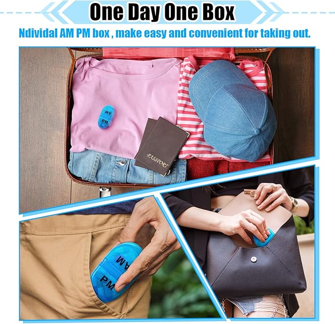 6 Pack Pill Organizer Pocket Small Case Holder Am Pm Pill Case Portable Two Compartment Round Travel 2 Times a Day for Vitamin Medication Supplement(Blue)