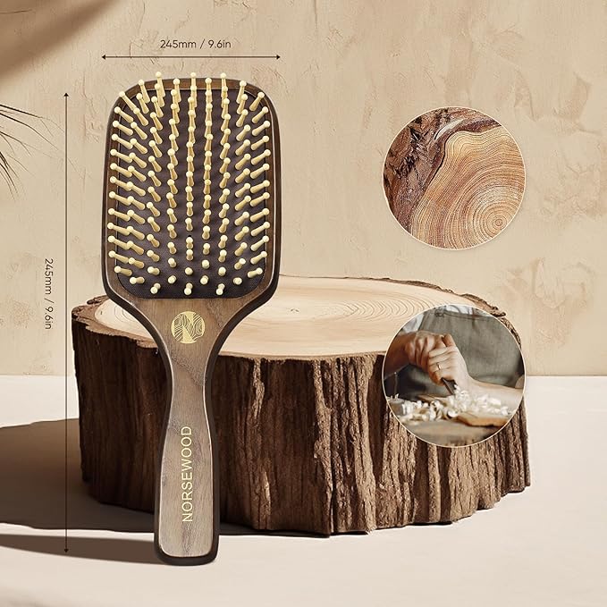 100% Natural Wood Hairbrush for Massaging Scalp,for Most Hair Types, Wooden Bristle for Reducing Damage, Scalp Massager Perfect for Women, Men & Kids