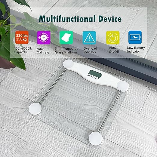 NUTRI FIT Digital Bathroom Scale for Body Weight Loss, Precision Weighing, High Accuracy, 330 lbs Capacity, Step-on Technology with AAA Batteries, Birthday Gifts, Bright White