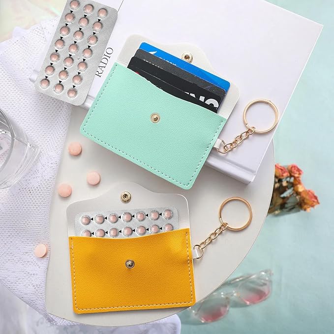 Tondiamo 2 Pack Birth Control Pill Case Holder PU Leather Pill Sleeve Packet 4.33 x 3 Inch Discreet Birth Control Pouch with Snap Closure Key Ring for Pills Card Organizer(Yellow, Green)