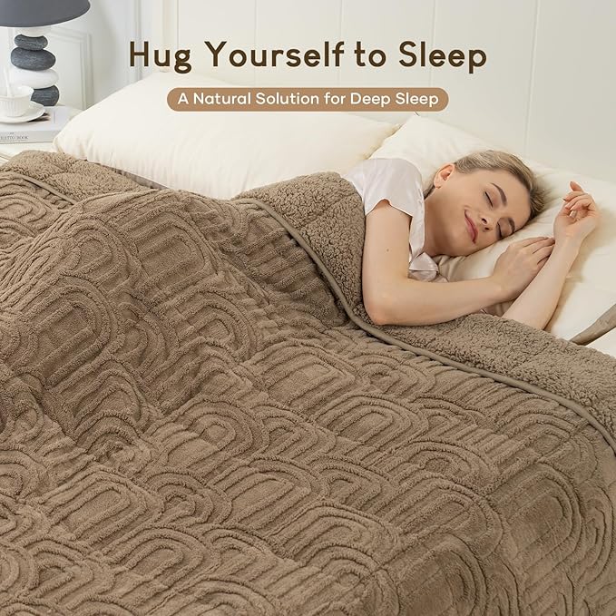 Cottonblue Weighted Blanket for Adults 15 lbs Twin Size, Cozy Fluffy Sherpa Fleece Jacquard Weighted Throw Blankets 48" x 72" for Sleep Relax, Fuzzy Warm Arch Heavy Blanket Soft for Bed Couch, Khaki