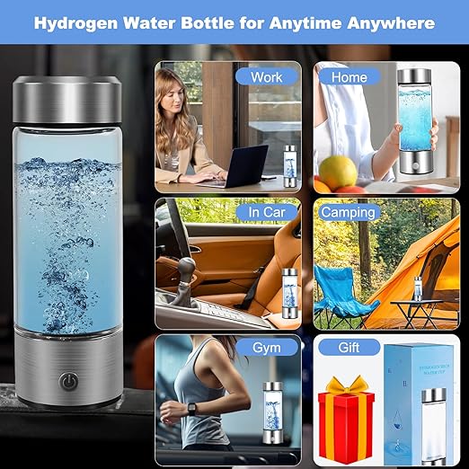 Hydrogen Water Generator Bottle, 14 Oz Portable Hydrogen Water Bottle with SPE and PEM Technology, Rechargeable Portable Glass Hydrogen Rich Water Generator Bottle Silver Color