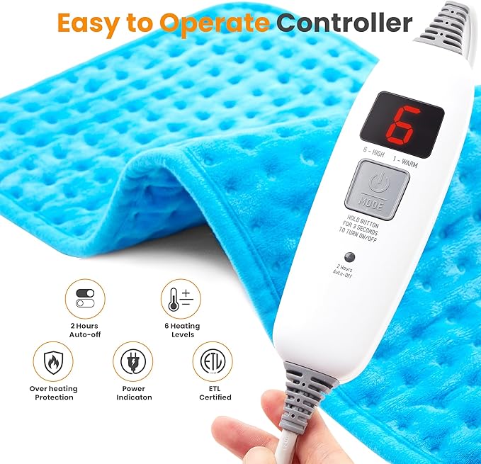 Electric Heating Pad for Back Pain Relief & Cramps - 6 Heat Settings,Auto Shut Off,Moist Heat Options,Portable Heated Pads for Neck/Shoulder Machine Washable Gift for Men Women,Blue,12"x24"