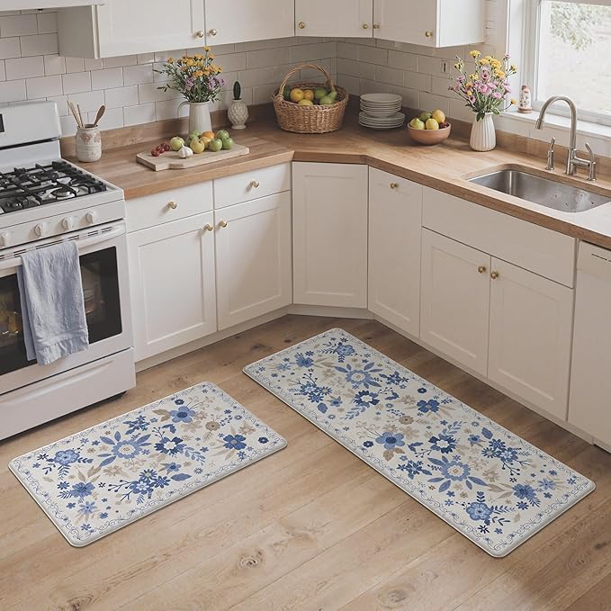 GENIMO Kitchen Mats for Floor 2PCS, Cushioned Kitchen Rugs Non Slip Washable, Farmhouse Anti Fatigue Mat Waterproof, Comfort Standing Mat Rug for Office, Home, Laundry, 17.3"x47"+17.3"x30", Beige&Blue