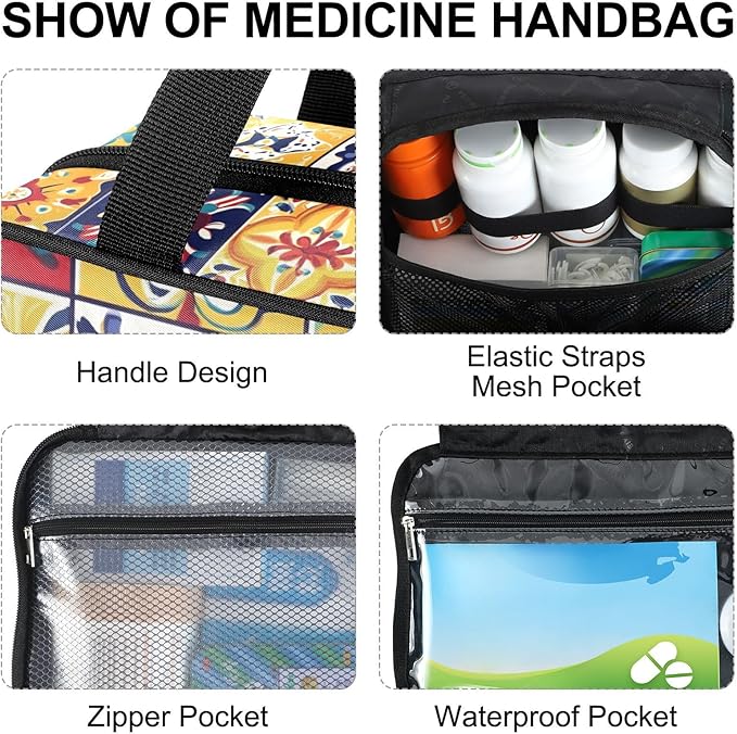 Fustylead Mexican Spanish Style Colorful Tile Pattern Empty Travel First Aid Bag Large Home Medication Bag with Zipper for Pills,Vitamin,Fish Oil,Supplements for Women and Men
