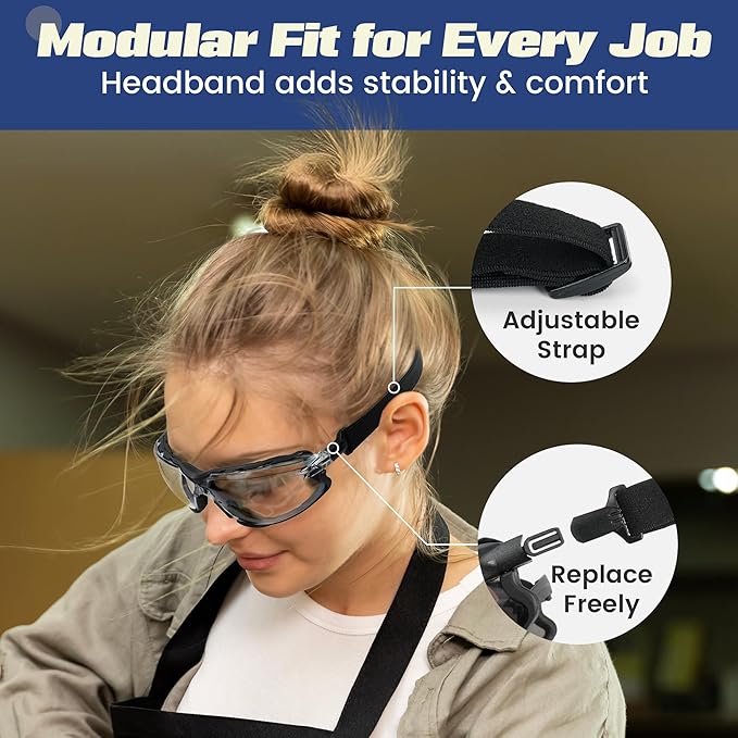 Flaya Adjustable Safety Glasses for Men & Women Anti-Fog ANSI Z87.1 UV400 Protection Goggles with Foam Seal & Strap