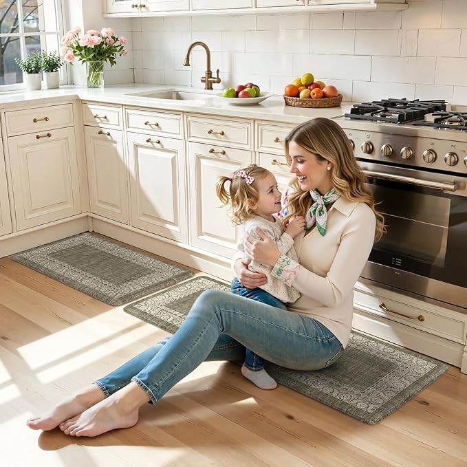 LEEVAN Green Kitchen Mats for Floor Sets of 2,Anti Fatigue Cushioned Memory Foam Kitchen Mat,Farmhouse Ergonomic Boho Non Slip Kitchen Floor Mat for Sink,Laundry,Home,Office,Desk(17''x29''+17''x47'')