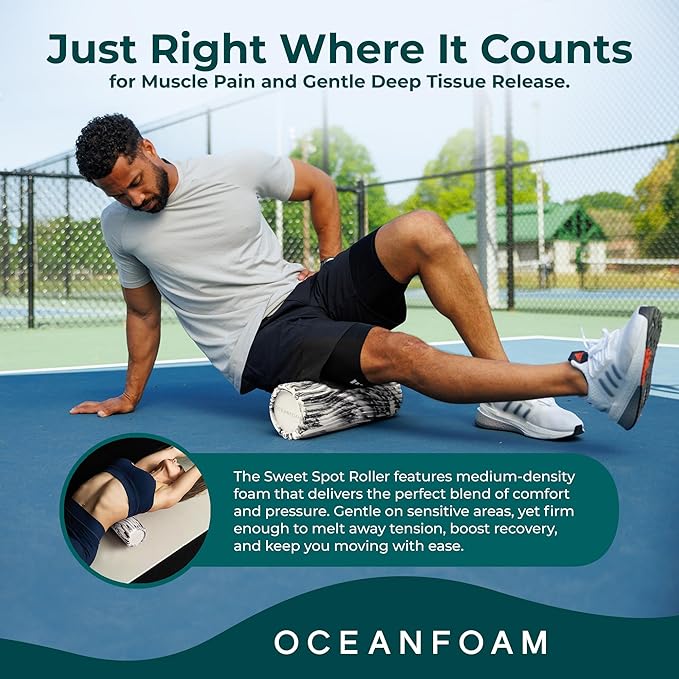Oceanfoam Sweet Spot Medium Exercise Foam Roller 14"x5.5" – Medium Density Travel Foam Roller for Physical Therapy, Deep Tissue Massage, Yoga, Pilates, Classic Exclusive Wave Texture (Black Marbled)