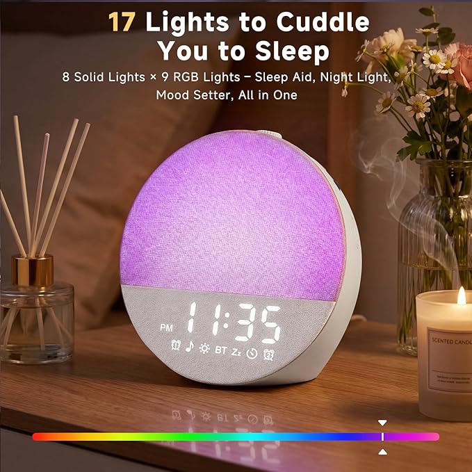 Sunrise Alarm Clock White Noise Machine | Natural Wake-Up Light for Bedroom with 30 Soothing Sleep Aids, Bluetooth Speaker, Dimmable Clock, Screen-Free Design for Baby Adults Kids-White
