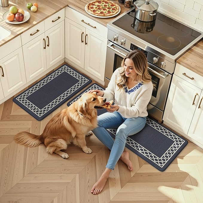 LEEVAN Kitchen Mats for Floor Set of 2,Anti Fatigue Mats for Kitchen Floor,Navy Blue Cushioned Non Slip Boho Standing Mat,Waterproof Memory Foam Comfort Kitchen Floor Mat for Sink(20"x31"+20"x47")