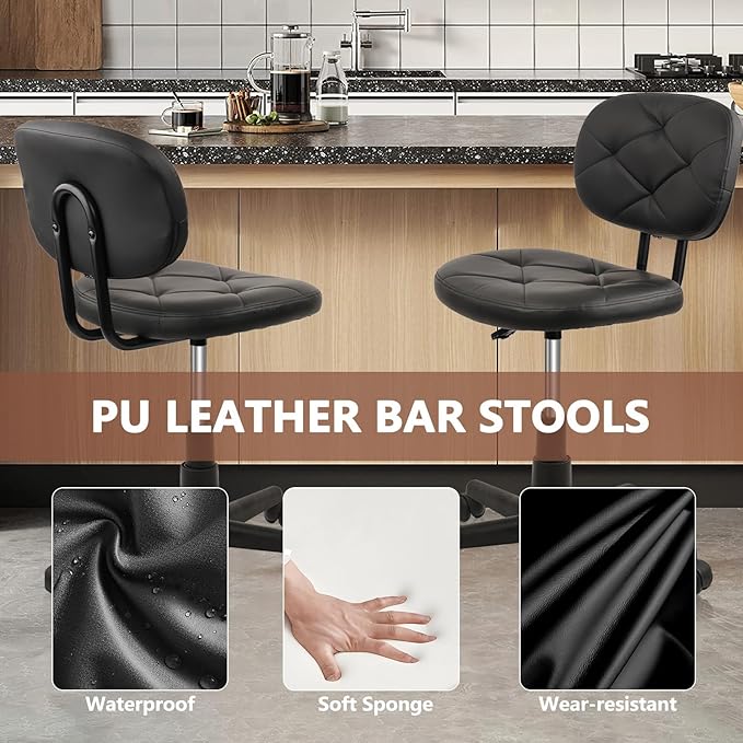 Round Rolling Stool with Adjustable Height and Pu Leather Backrest Swivel Stool Chair for Salon Tattoo Work Office Massage Black
