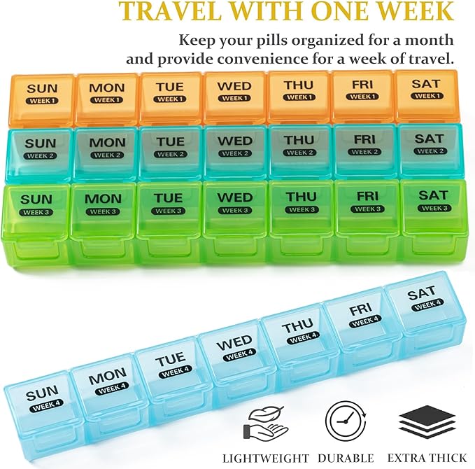Monthly Pill Organizer, 28 Day Pill Box 1 Time a Day with Dust-Proof Case, Large 4 Weeks a Month Pill Case Container, Daily Vitamin Case Box for Pills/Medicine/Fish Oil/Supplements（Clear Colorful）