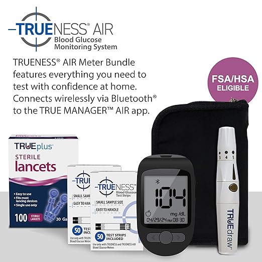 TRUENESS AIR Blood Glucose Meter Bundle - Blood Glucose Monitor, Case, 100 Test Strips, 100 Lancets, Lancing Device - Fast, Easy Testing Supplies for Home Use