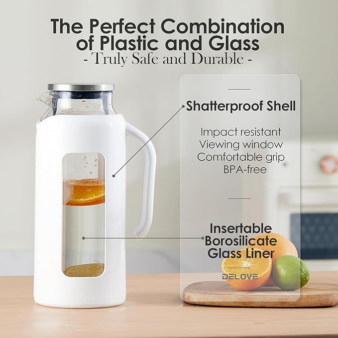 Delove Glass Pitcher with Lid & Shatterproof Shell – Heat-Resistant Borosilicate Glass Jug, 2 L/68 oz with Handle & Spout – Perfect for Iced Tea, Juice, Hot & Cold Water (White)