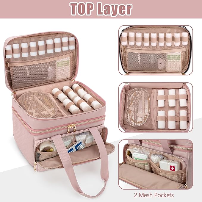 Yarwo Pill Bottle Organizer Empty, Double Layers Medicine Travel Storage Bag with 5 Customized Dividers and Lockable Zippers for Prescription Bottles and Emergency First Aid Supplies, Pink